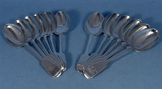 A set of twelve Victorian silver fiddle pattern dessert spoons, Length 7”/178mm Total weight 19.6oz/556grms